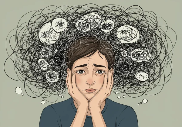 Persona abrumada por la ansiedad, pensando demasiado en la vida.