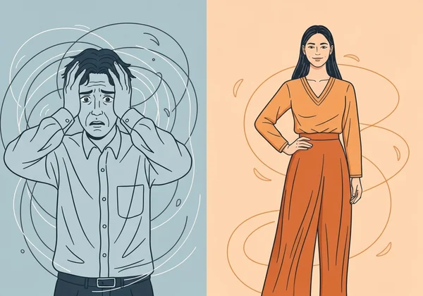 Contrast of person showing worry vs. calm for emotional stability.