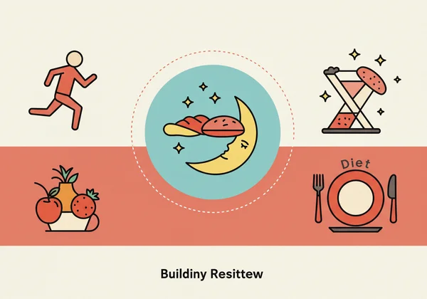 Icons representing healthy habits: exercise, sleep, balanced diet.