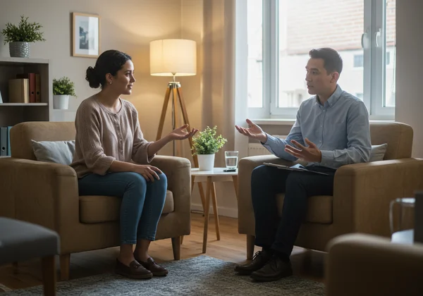 Therapist and client in a calm, supportive session.