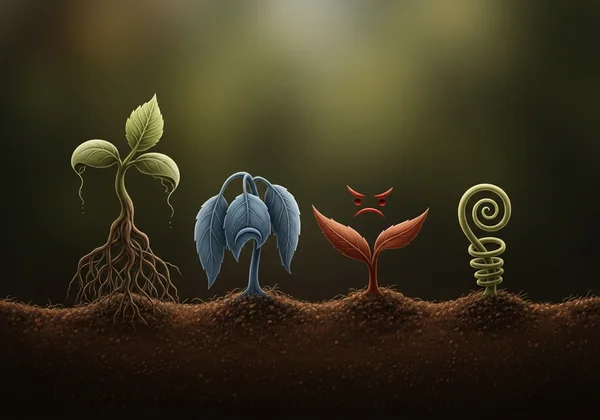 Fertile ground with symbolic plants of negative emotions.