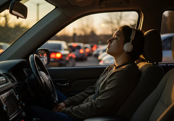 Calm person meditating in traffic, showing emotional regulation